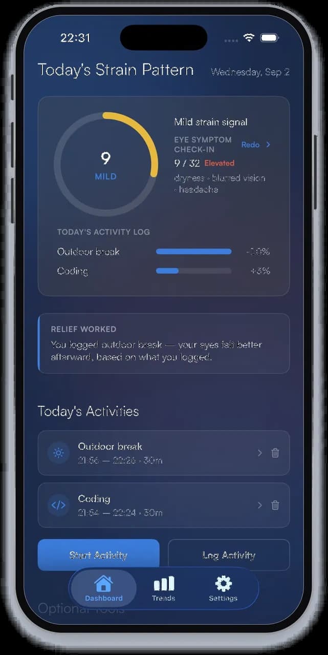 The BlinQ app's Today's Strain Pattern screen on a phone